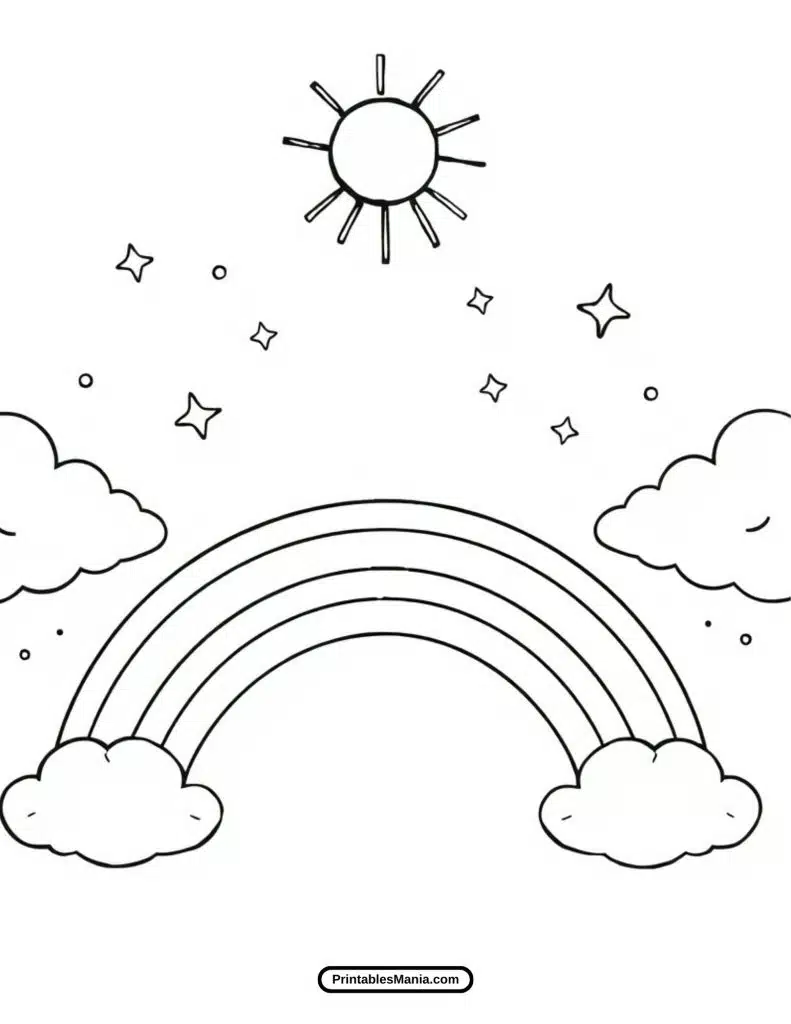 happy sun and rainbow coloring page printable