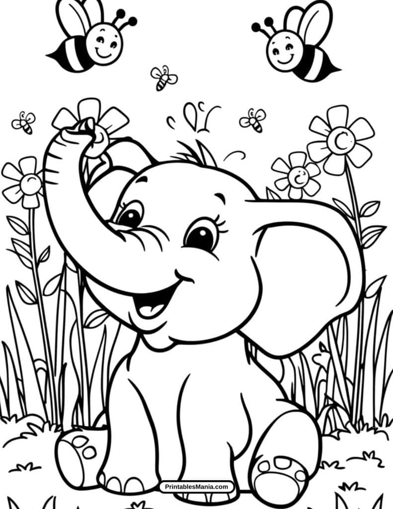 friendly cartoon elephant coloring page for preschoolers