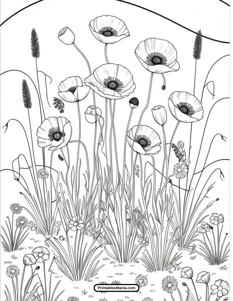 poppy garden coloring page with detailed background