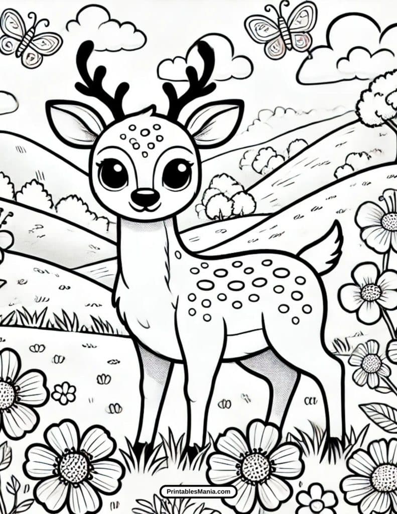 beautiful deer with flowers coloring sheet