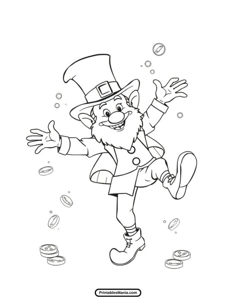 printable leprechaun coloring sheet featuring a cheerful leprechaun with a shamrock