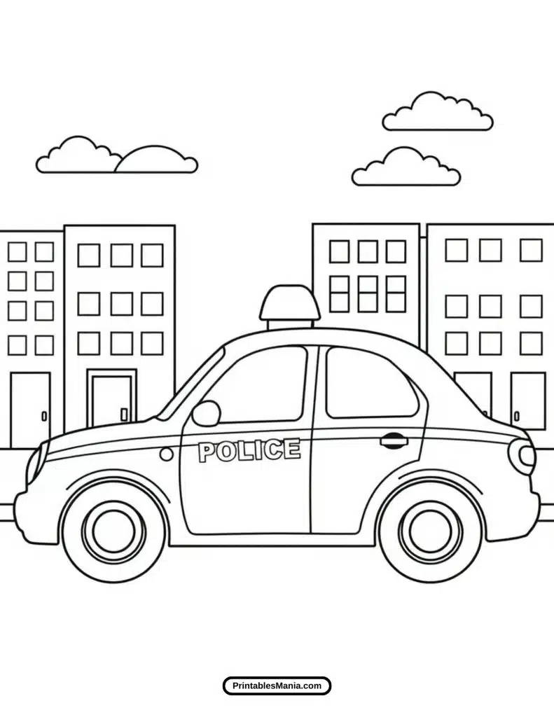 police patrol car coloring sheet with city background