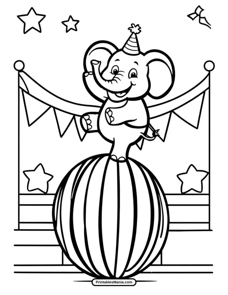 fun elephant coloring sheet with circus theme