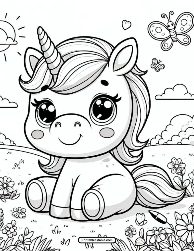 baby unicorn in a meadow coloring page