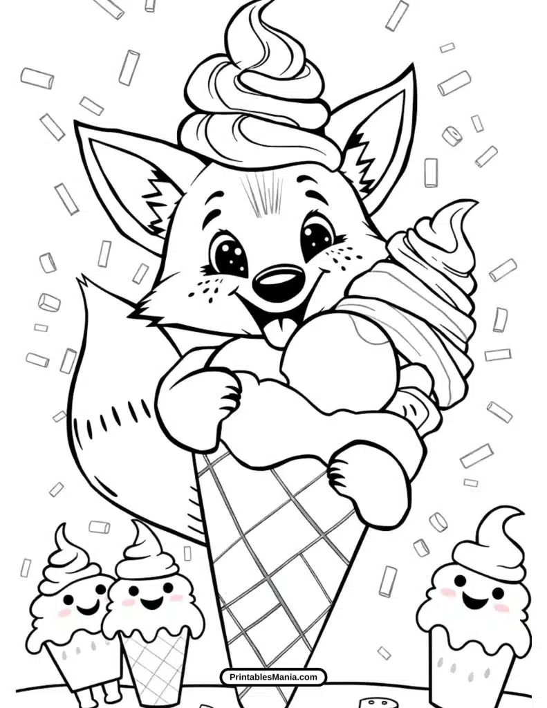 cartoon fox coloring page with big, cute eyes and fluffy tail