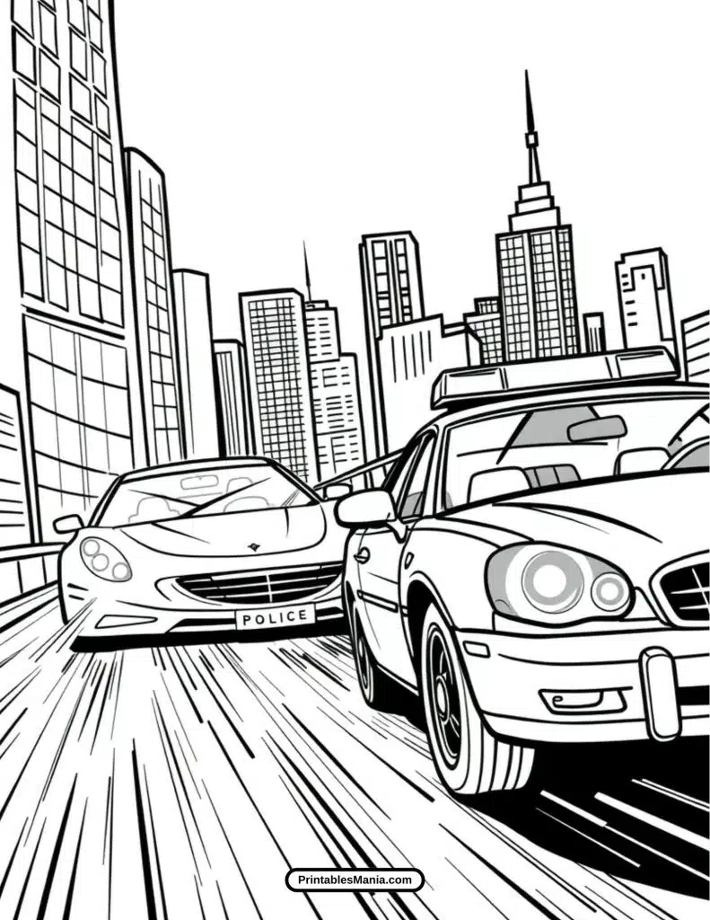 kids’ police car coloring page with siren and badge