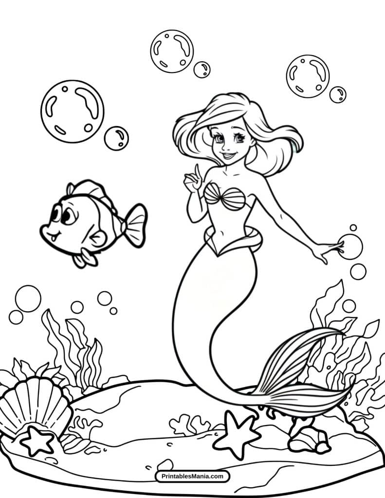 cute ariel and flounder coloring page for young artists