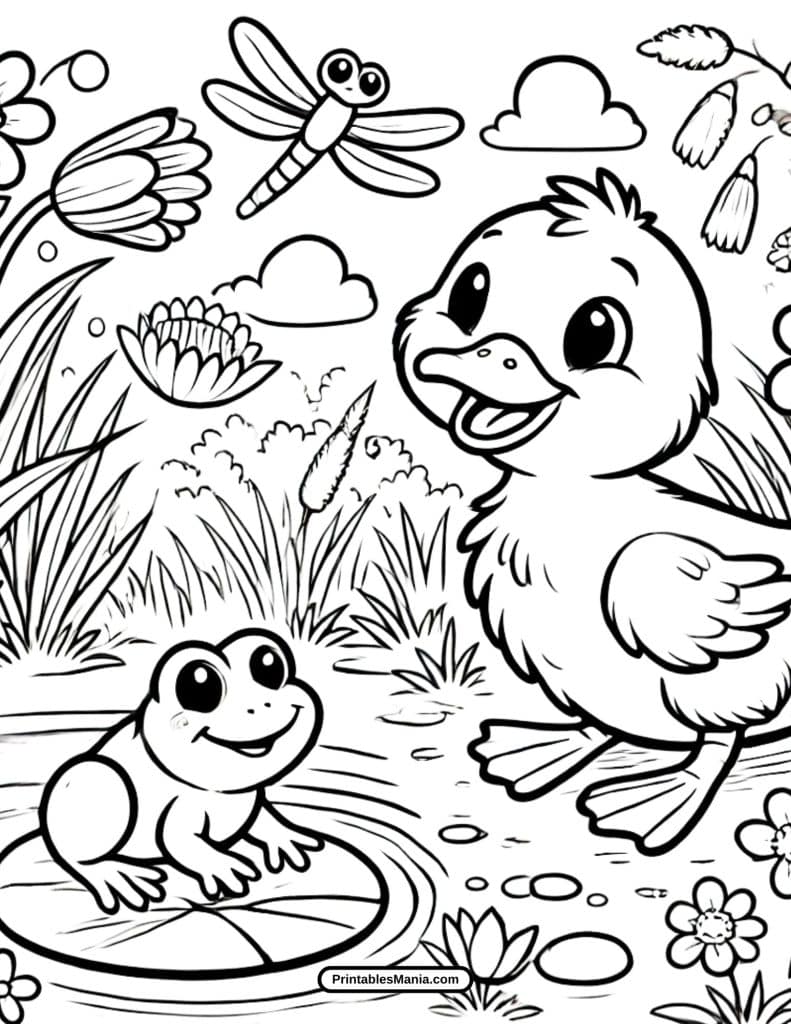 adorable duck swimming in a pond coloring sheet