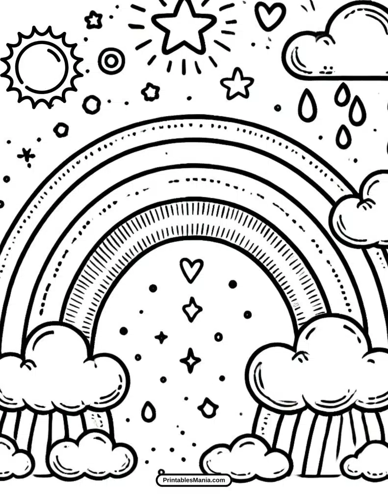 fantasy sky with rainbow and stars coloring page