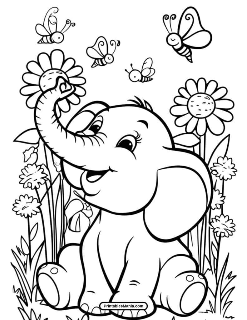 elephant with flowers coloring page for creative fun