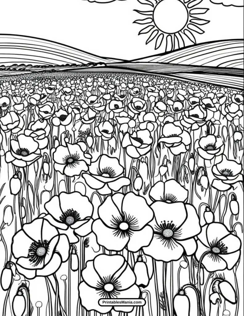 printable poppy field coloring page for nature lovers