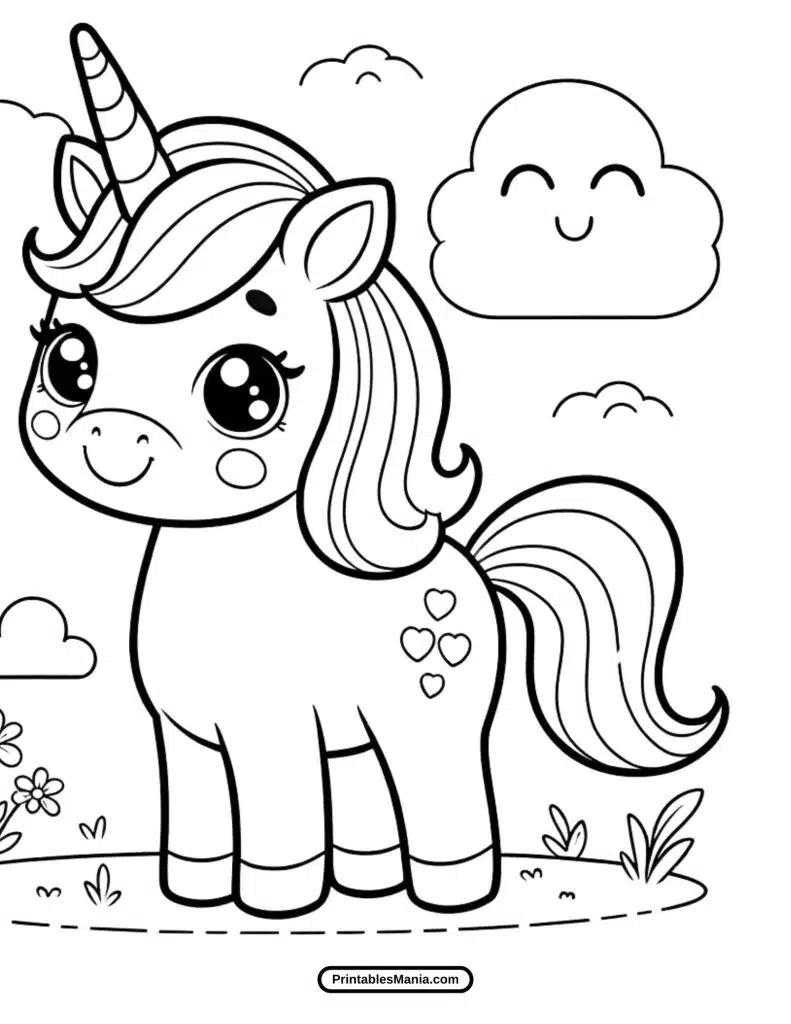 lovely unicorn standing in a fantasy landscape coloring sheet