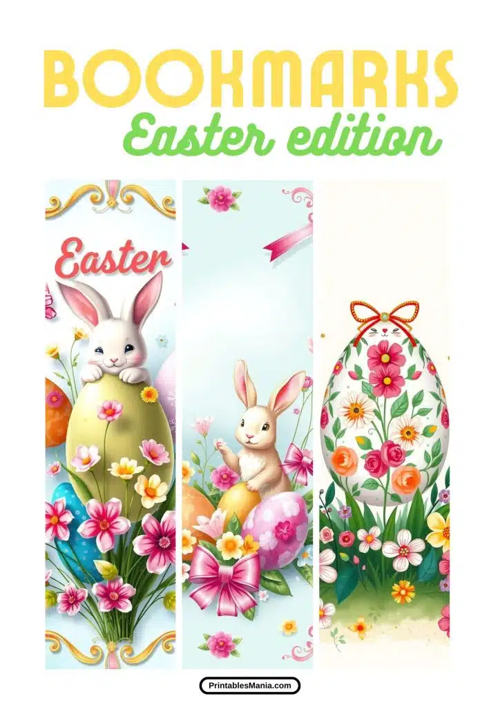 spring bookmarks printable featuring easter bunnies and floral patterns