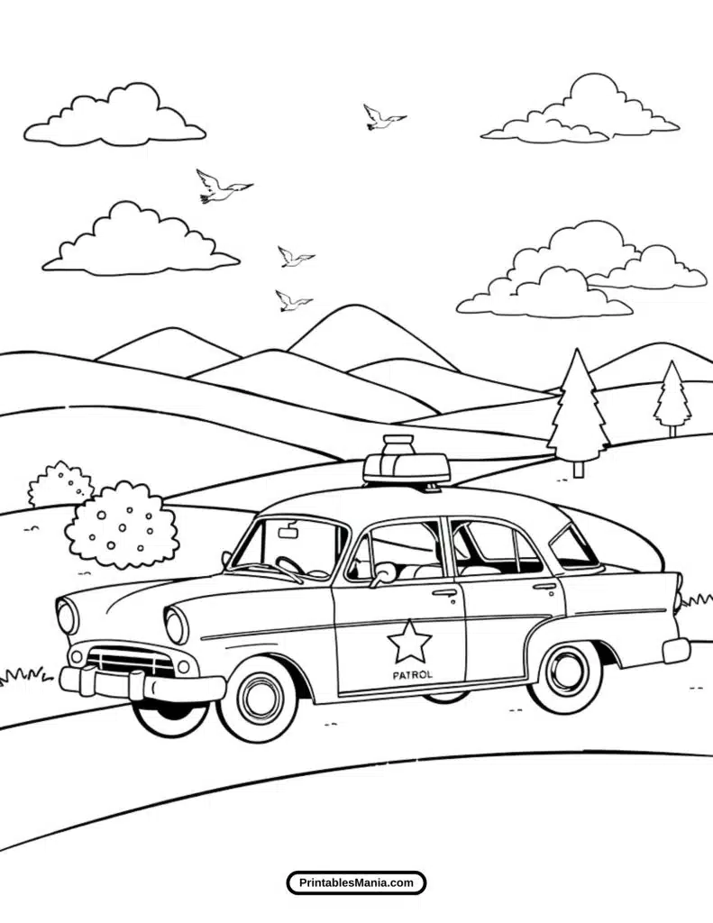 high-speed police car coloring page for kids to enjoy