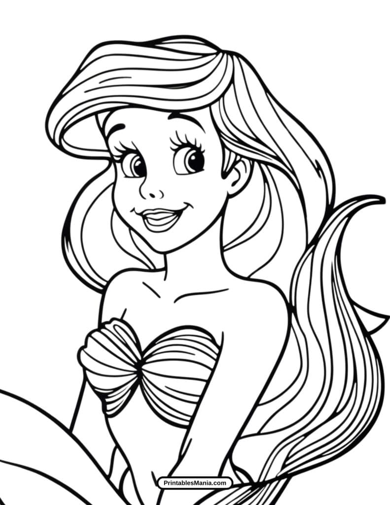 detailed mermaid ariel coloring page for older children and adults