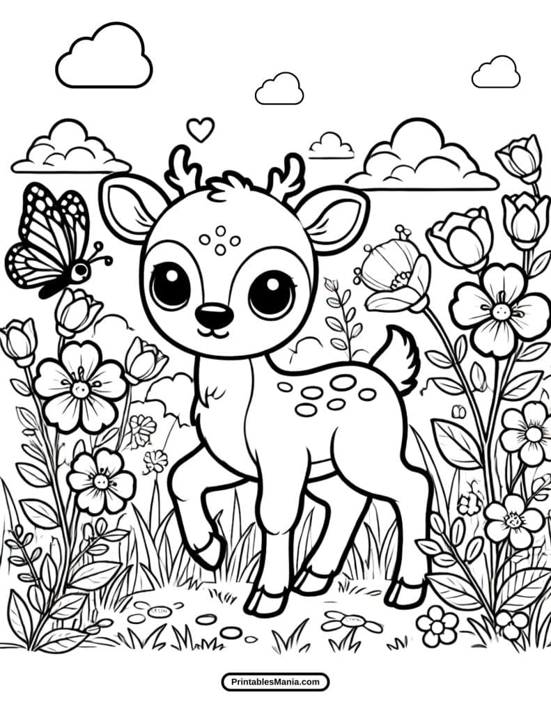 baby deer in a meadow spring coloring page