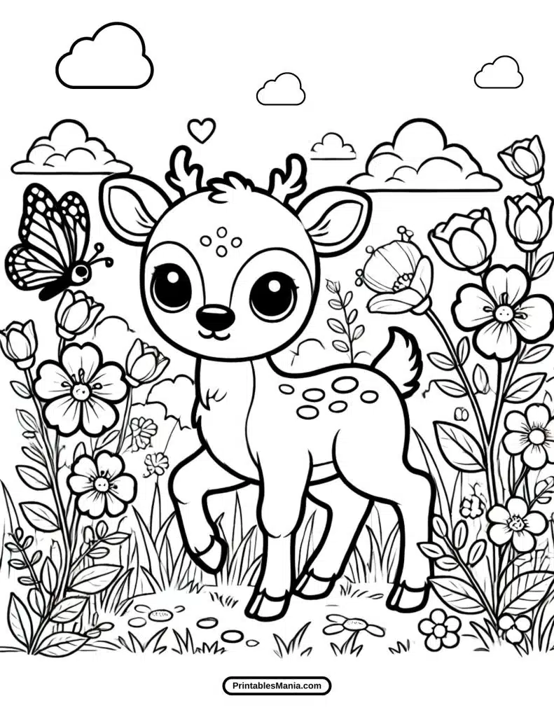 baby deer in a meadow spring coloring page