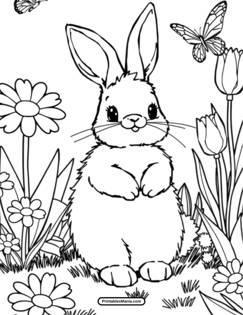 spring bunny coloring sheet with flowers and grass