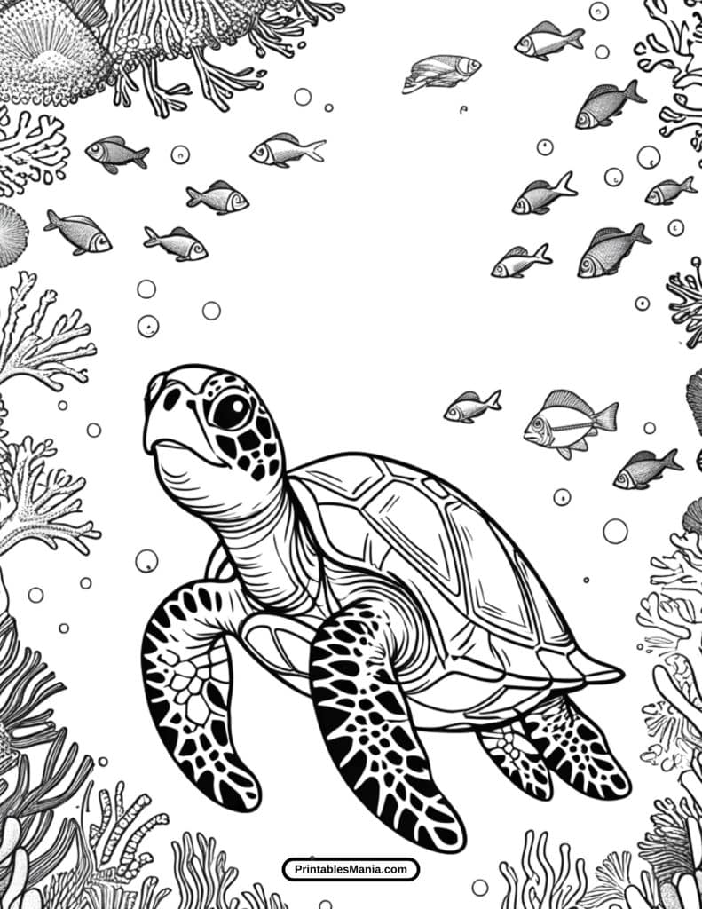 sea turtle with coral reef background