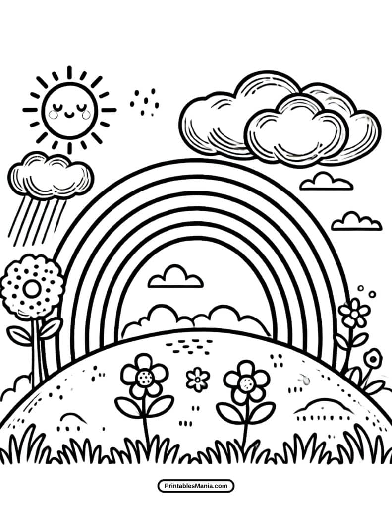 smiling sun and clouds spring coloring sheet