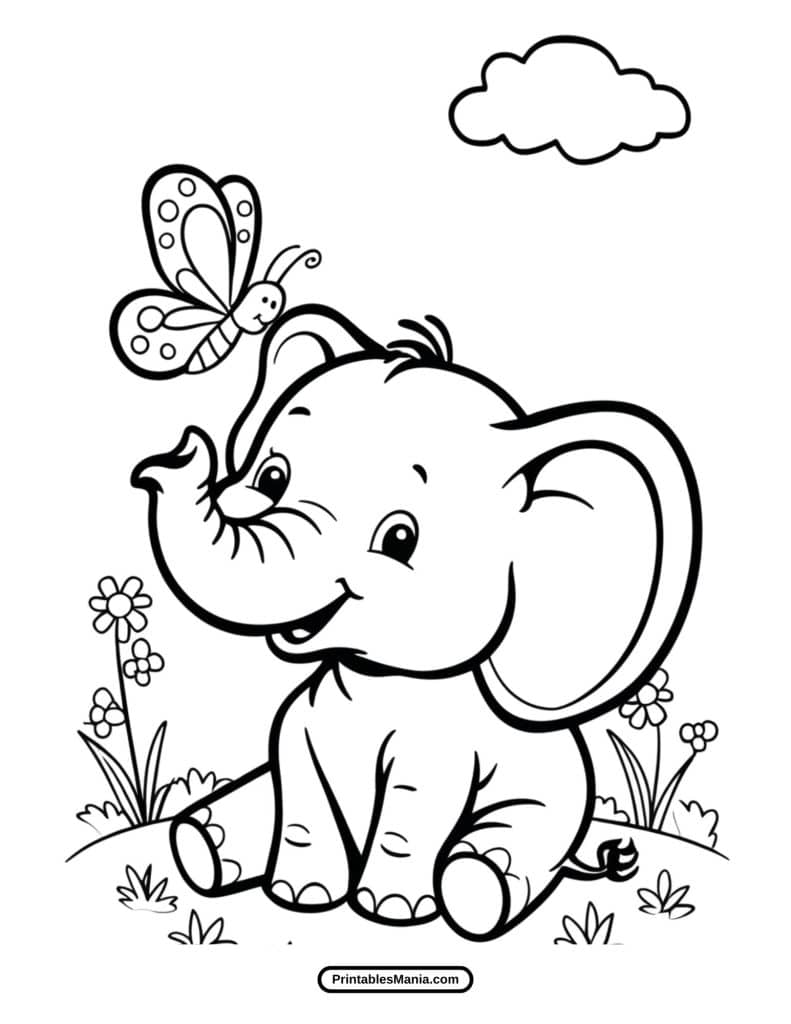 baby elephant with butterfly coloring page