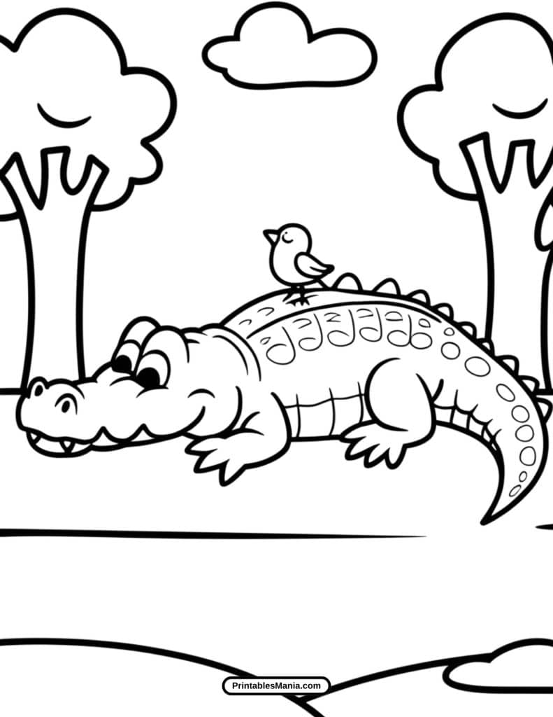 easy crocodile outline coloring page for preschoolers