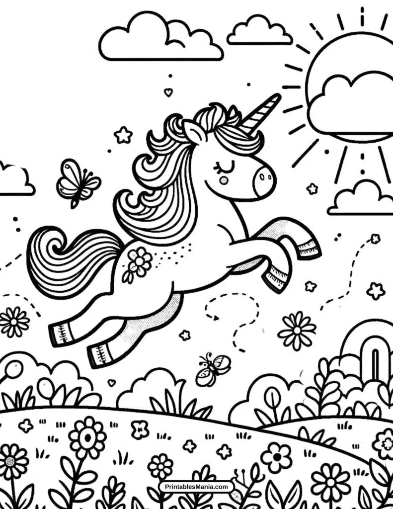 colorful unicorn in a magical forest coloring sheet