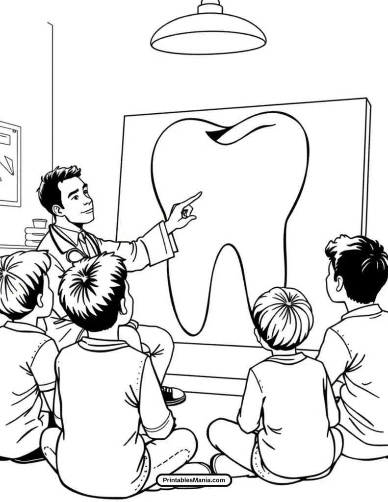 doctor and tooth coloring page for kids’ health lessons