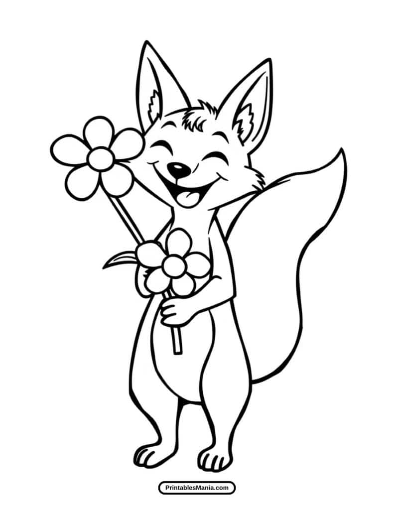 fox a coloring page with flowers