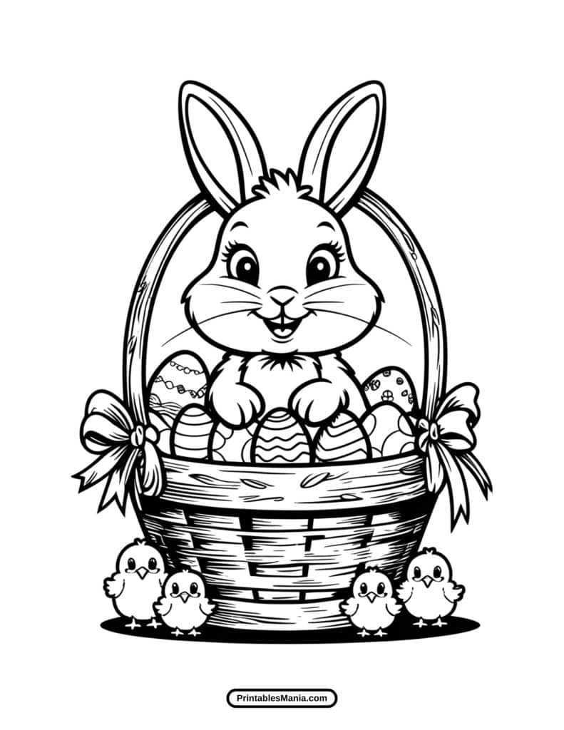 easter bunny with basket coloring page for holiday fun