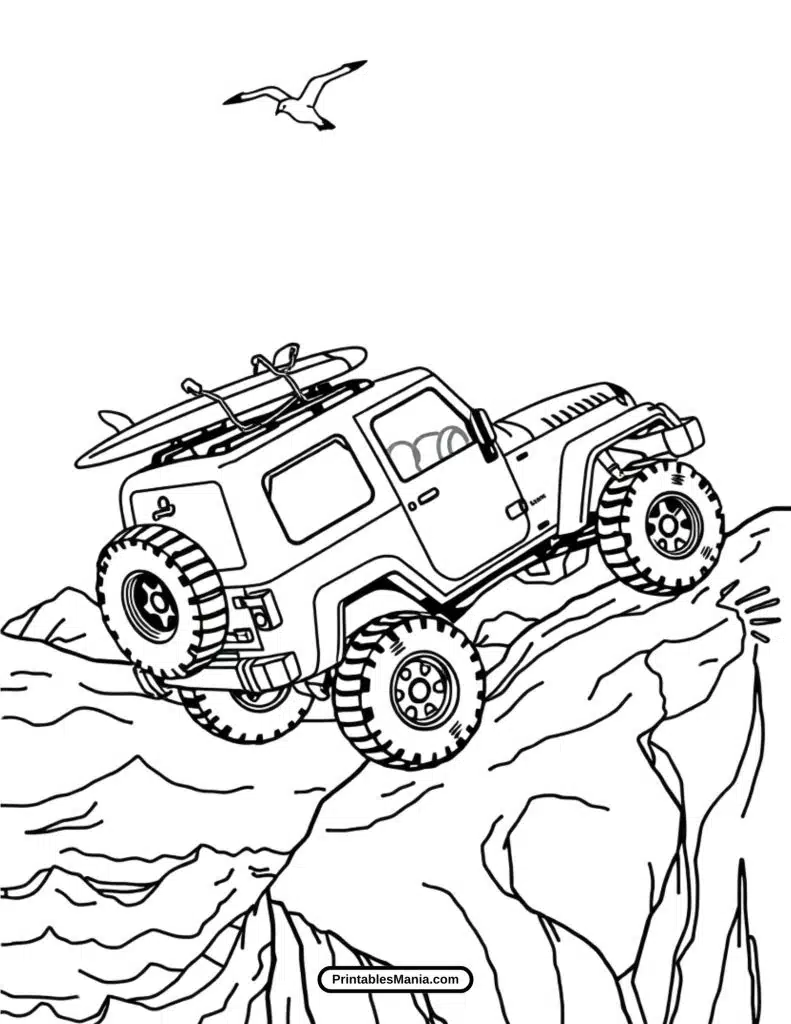 jeep climbing rocky terrain coloring worksheet