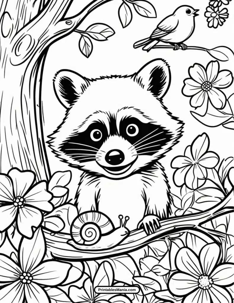 raccoon playing near a tree in spring coloring sheet