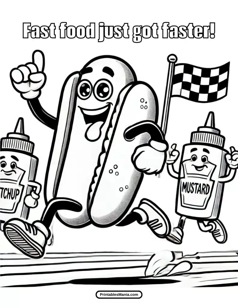 hot dog coloring page with a playful cartoon style