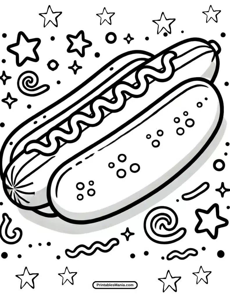 printable coloring page of a classic hot dog