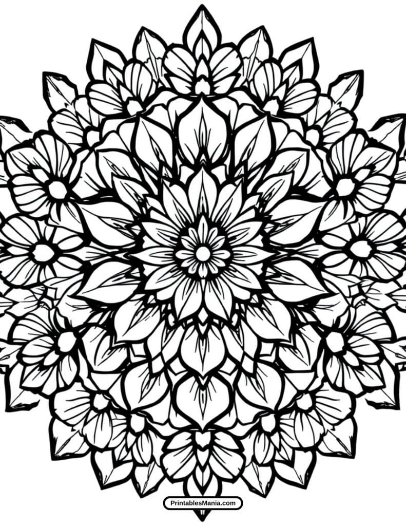 intricate mandala coloring page with floral patterns.