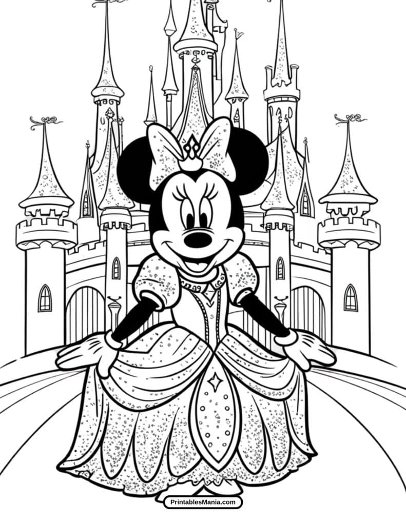 minnie mouse in a princess dress coloring sheet