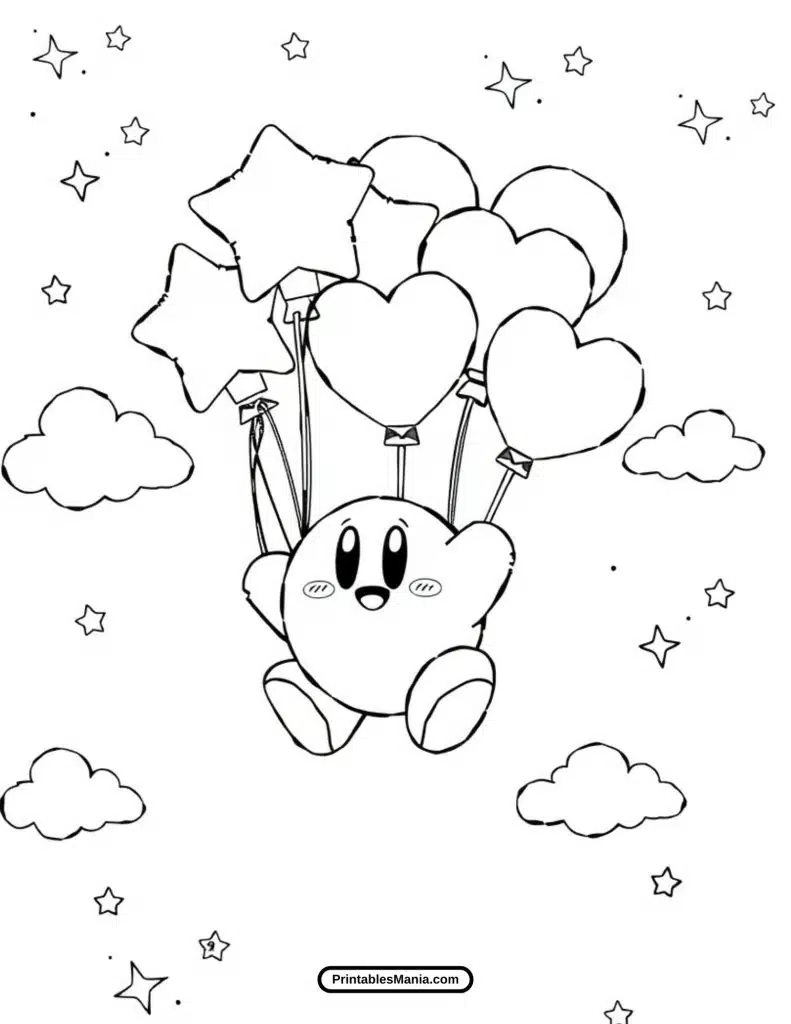 printable kirby holding balloons coloring sheet