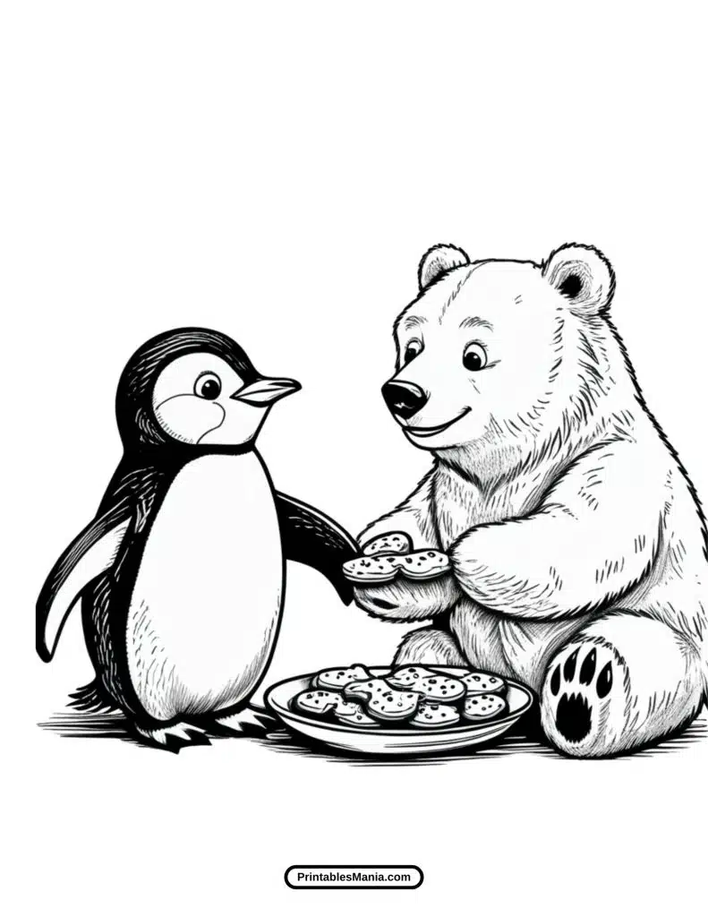 penguin and polar bear friends coloring page