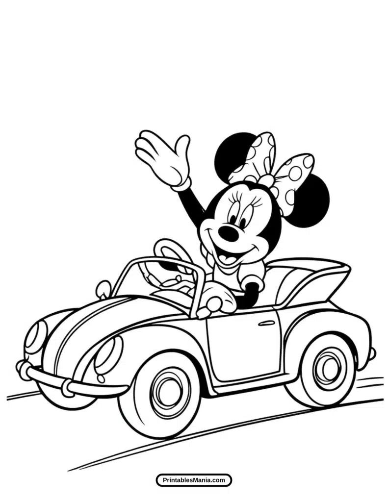 minnie mouse riding a car coloring page