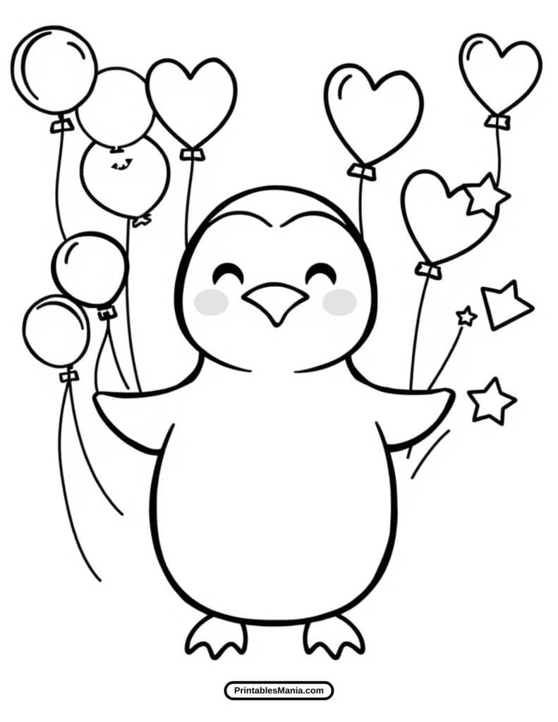 penguin with balloons fun coloring sheet