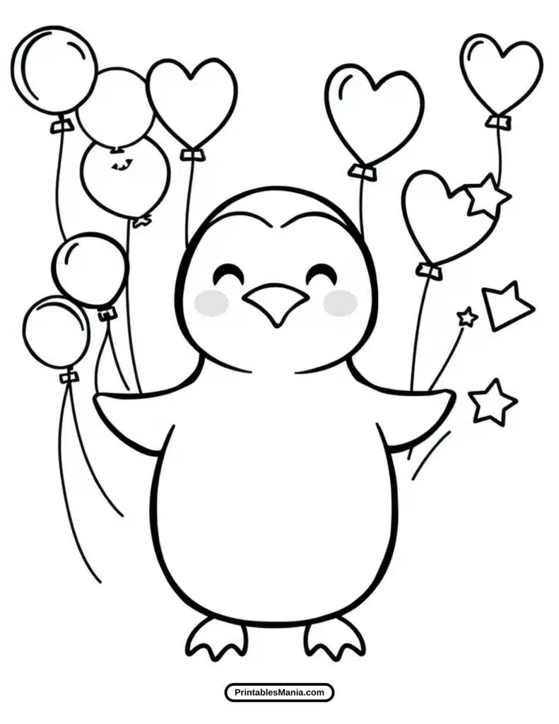 penguin with balloons fun coloring sheet