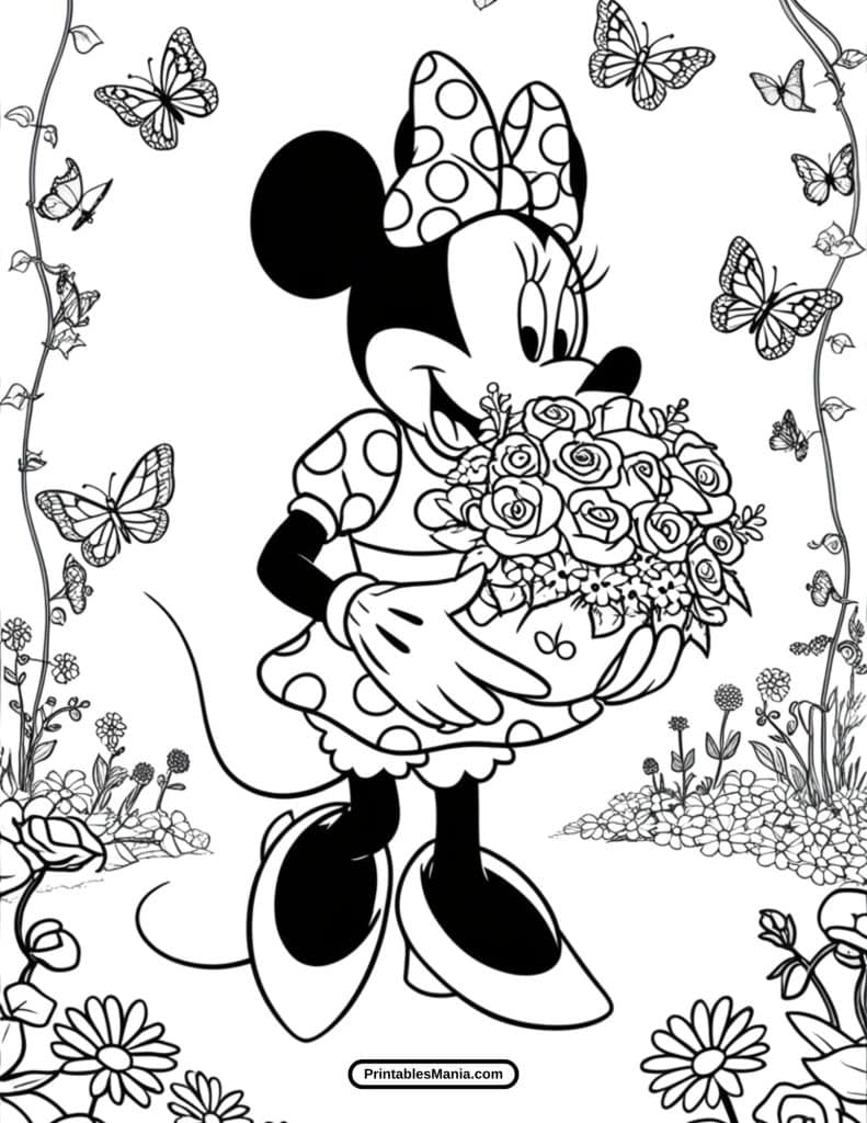 minnie mouse in a garden coloring page