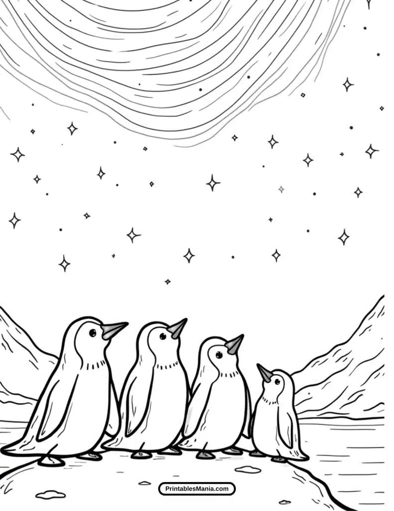 penguin family watching the northern lights coloring sheet