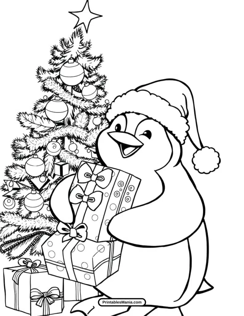 christmas tree and penguin coloring page 