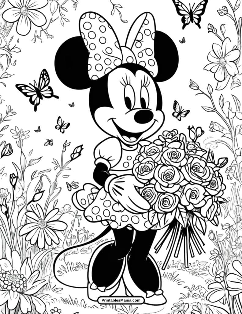 minnie mouse and flowers coloring page