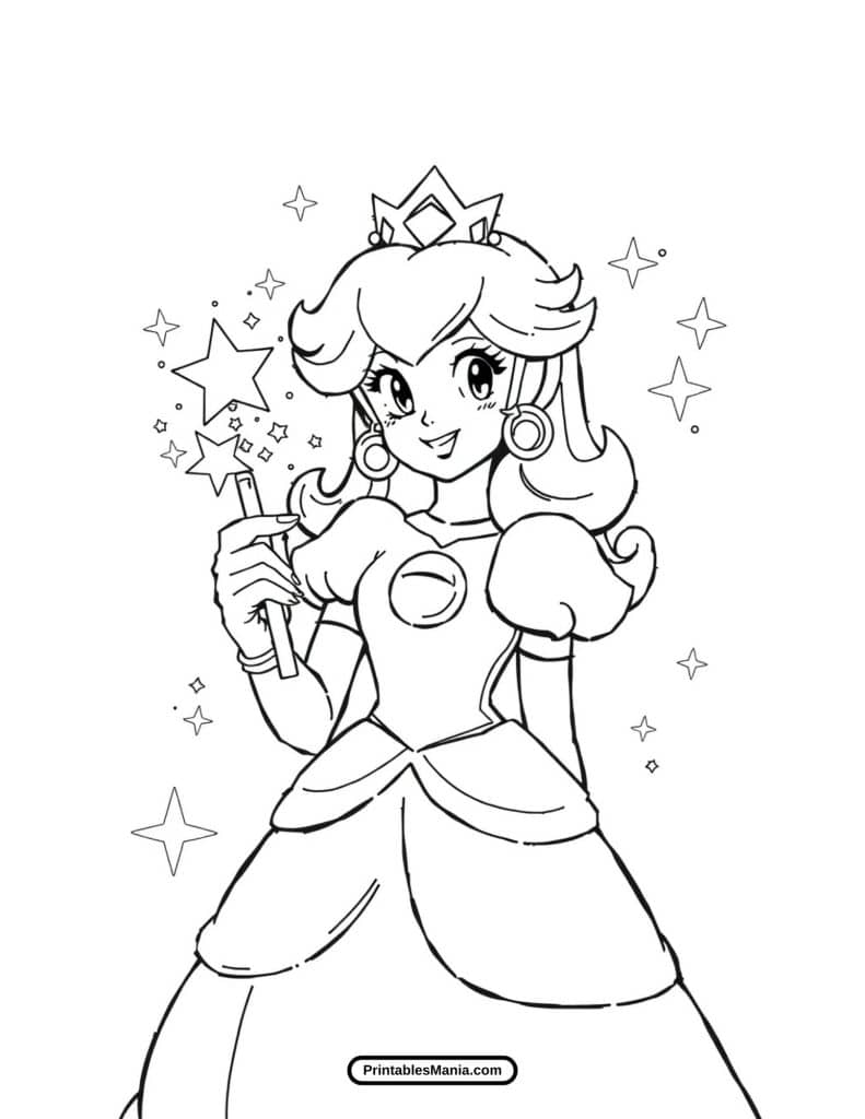 princess peach holding a magical wand coloring sheet