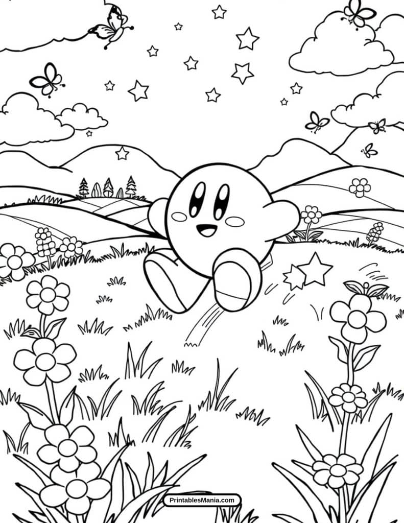 waving kirby with stars and flowers printable coloring sheet