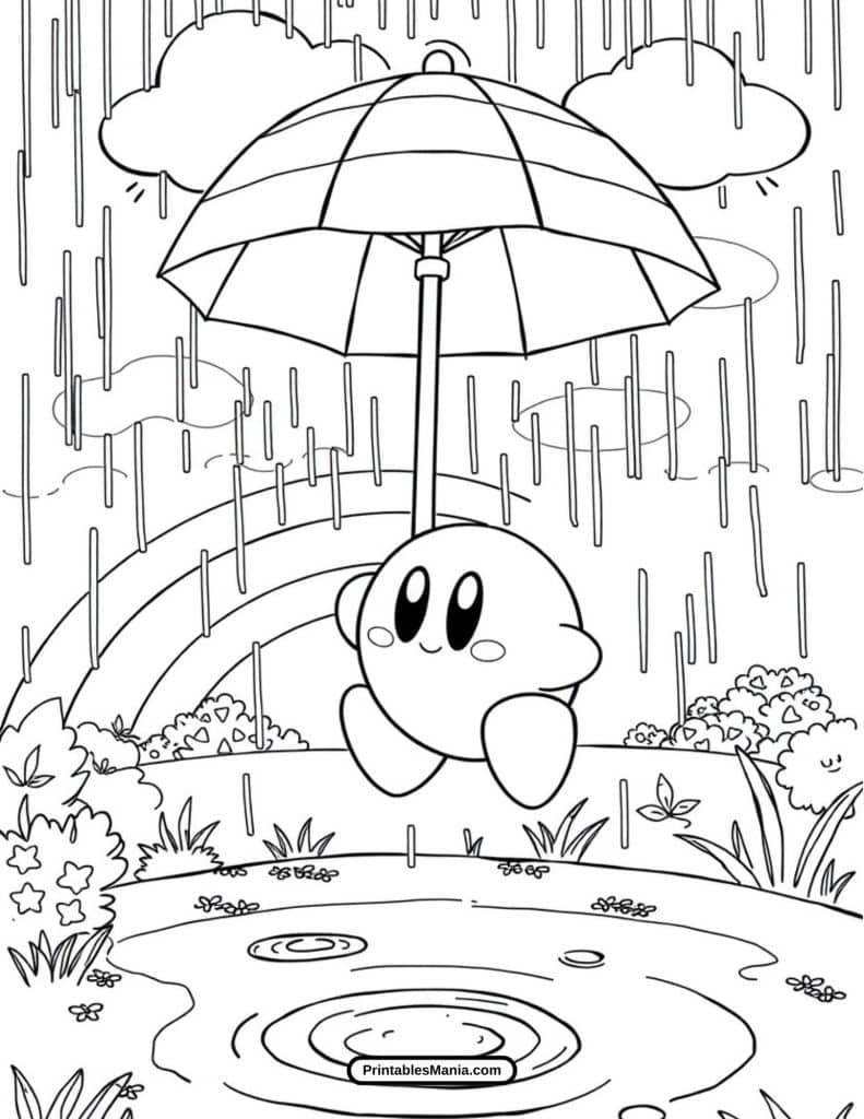 playful kirby in a fantasy world coloring sheet