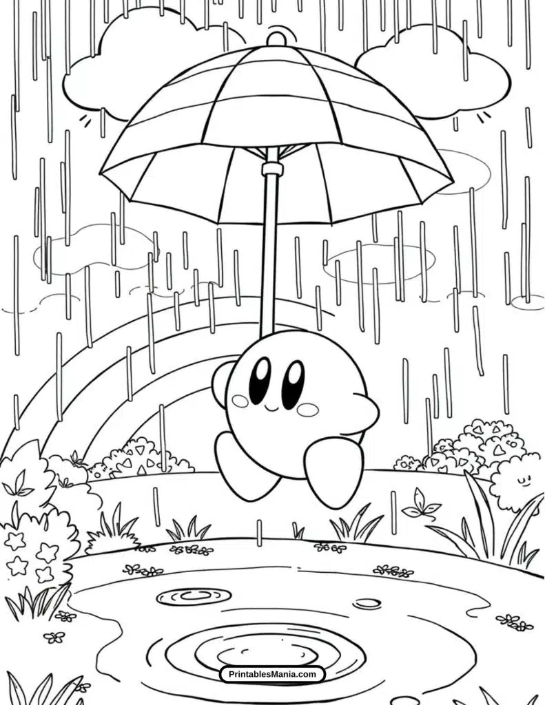 playful kirby in a fantasy world coloring sheet