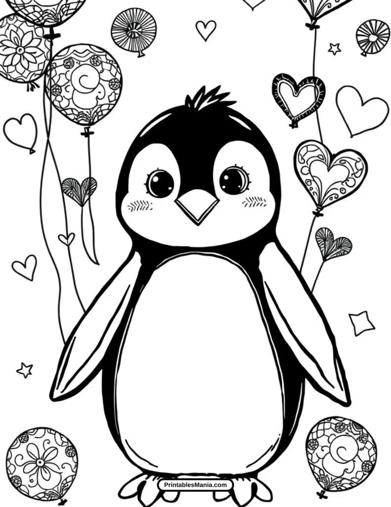 happy penguin with balloons coloring page